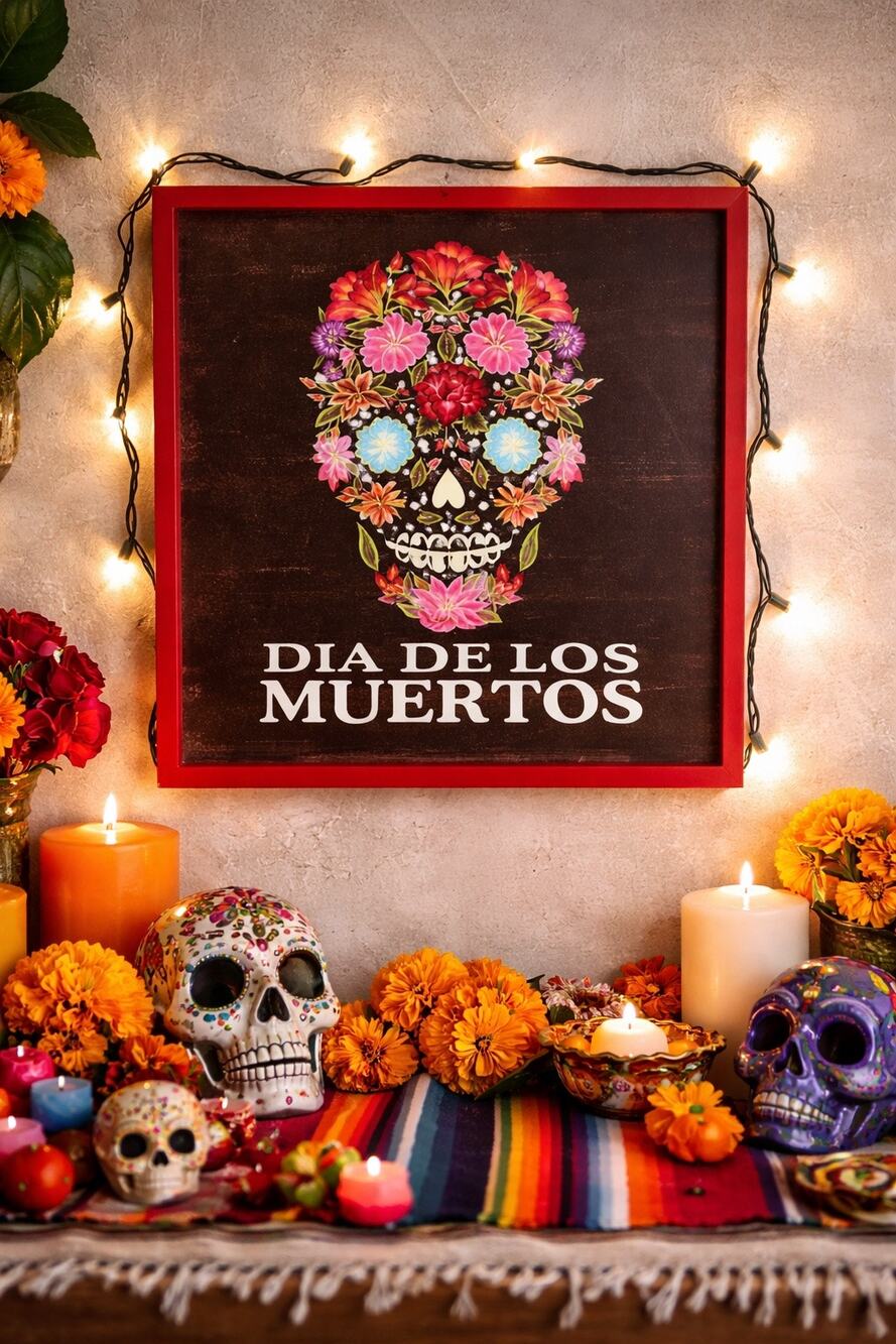 Dia De Los Muertos Framed Wall Art Floral Sugar Skull Red Frame